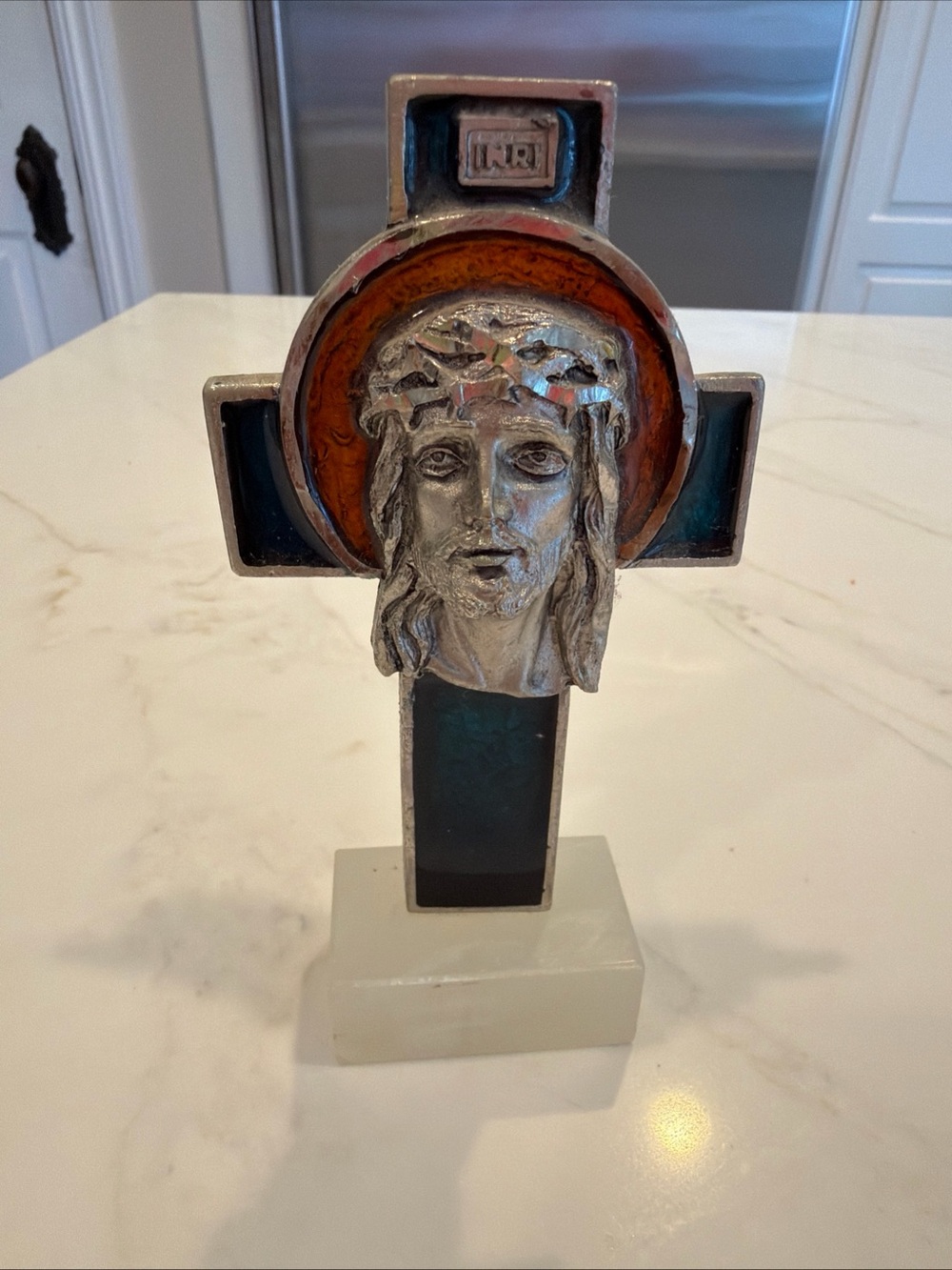 Vintage 1960s Table Top Crucifix made in Italy Marble, Enamel, Metal